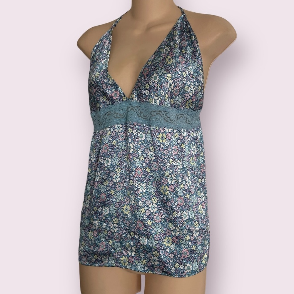 NWOT - Frankie's Bikinis Miriam floral blue Silk Halter Tank LARGE - Picture 5 of 7
